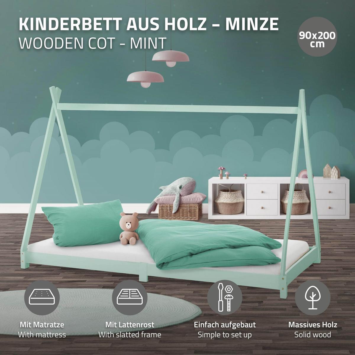 KINDERBETT Tipi mit Matratze 90x200 cm Mint - Mintgrün, Holz (90/200cm) - ML-DESIGN