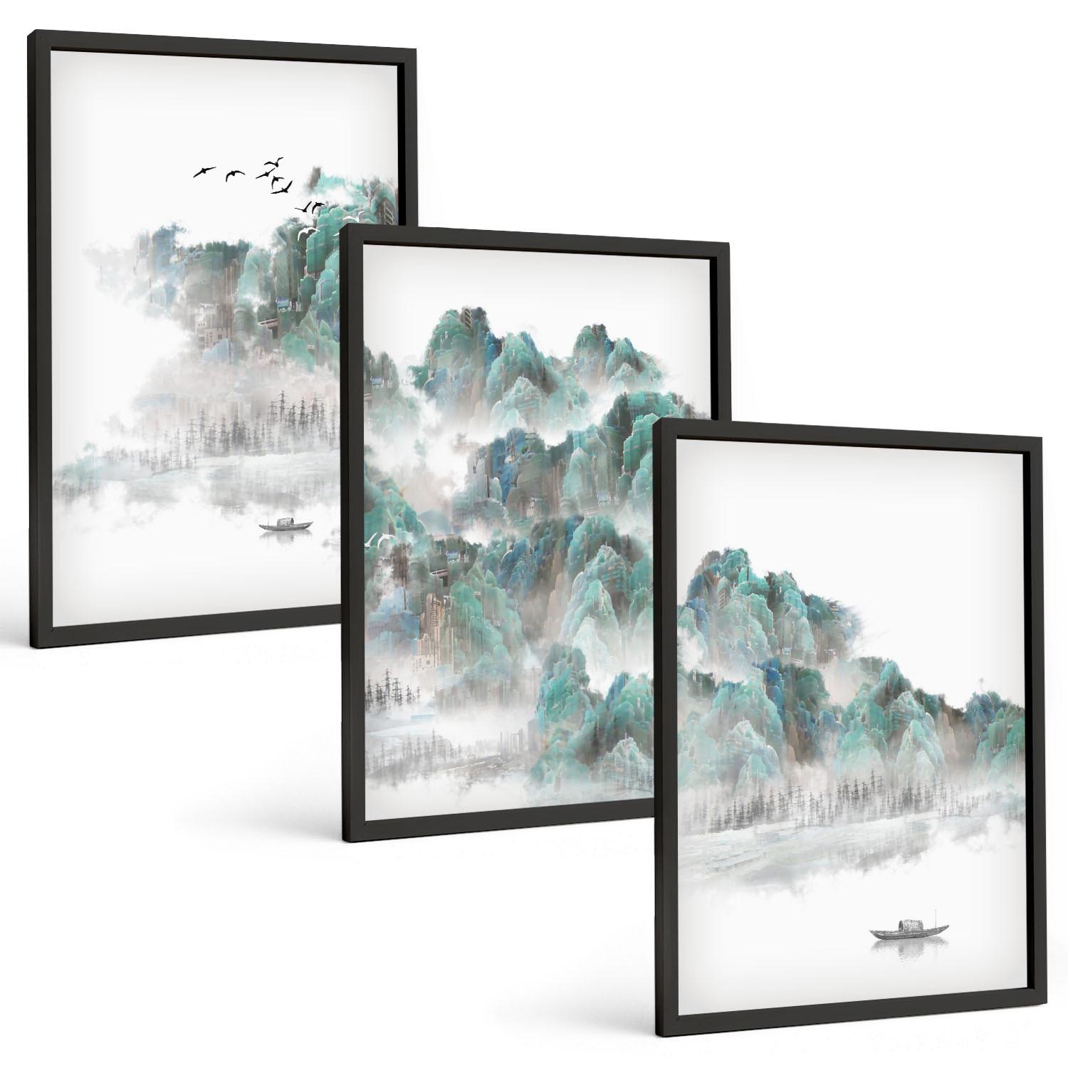BILDER SET 3er Set - 40x60 cm Schwarzer Rahmen - Berge, Wolken, Vögel, Boot, Japandi - Schwarz, Kunststoff (40/60cm) - TULUP