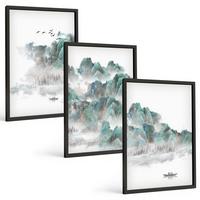 BILDER SET 3er Set - 40x60 cm Schwarzer Rahmen - Berge, Wolken, Vögel, Boot, Japandi - Schwarz, Kunststoff (40/60cm) - TULUP