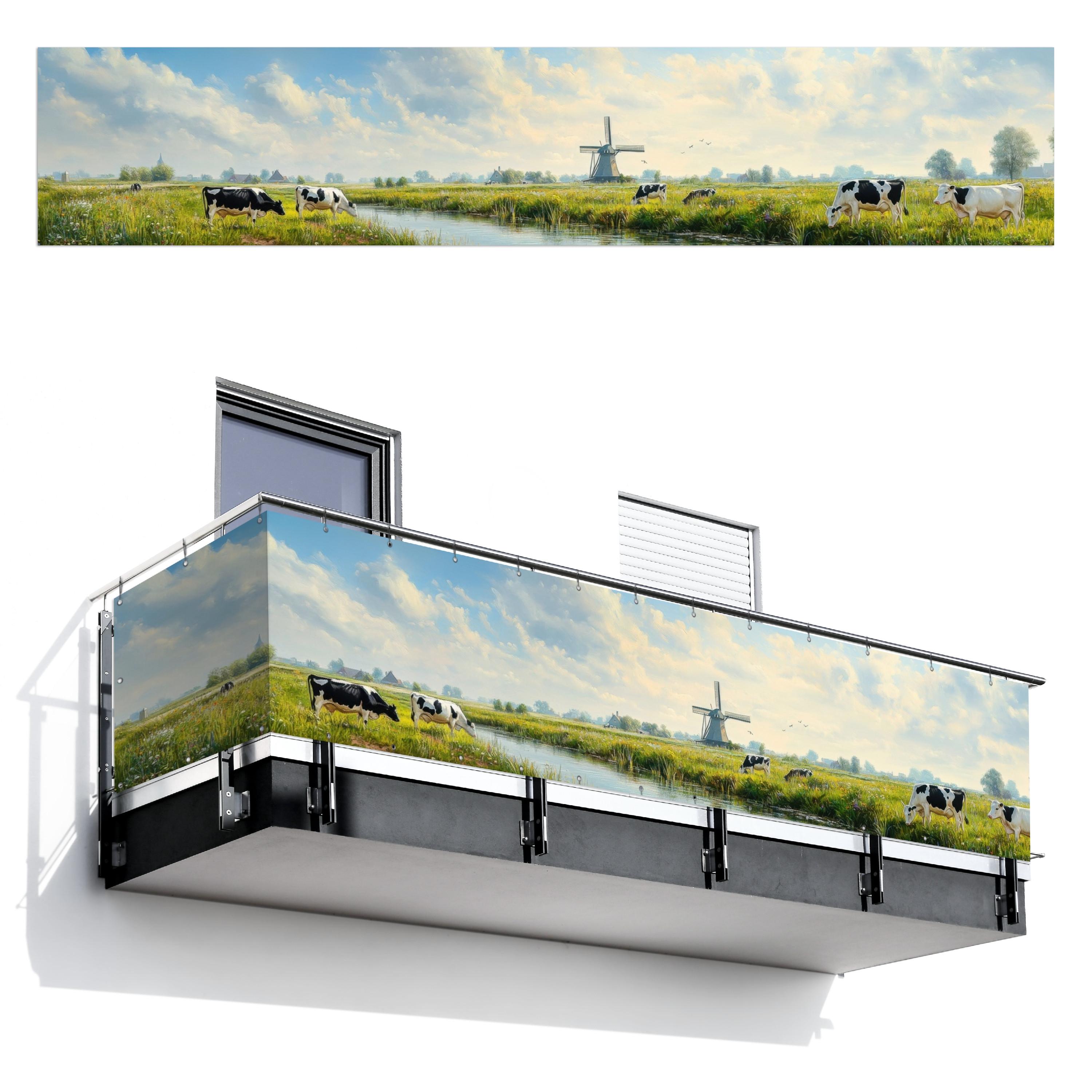 BALKON-SICHTSCHUTZ Kühe - Windmühle - Wiese - Blau Groß 500x95 cm - Grün, Kunststoff (500/95cm) - MuchoWow