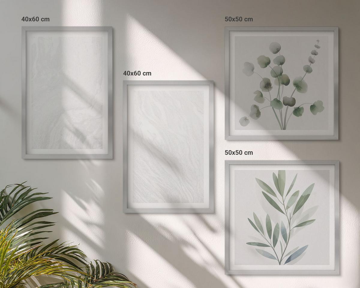 BILDER SET 4er Set - 50x50 cm & 40x60 cm Silberner Rahmen - Marmorstruktur, pastellfarbene Zweige - Silberfarben, Kunststoff (50/50cm) - TULUP