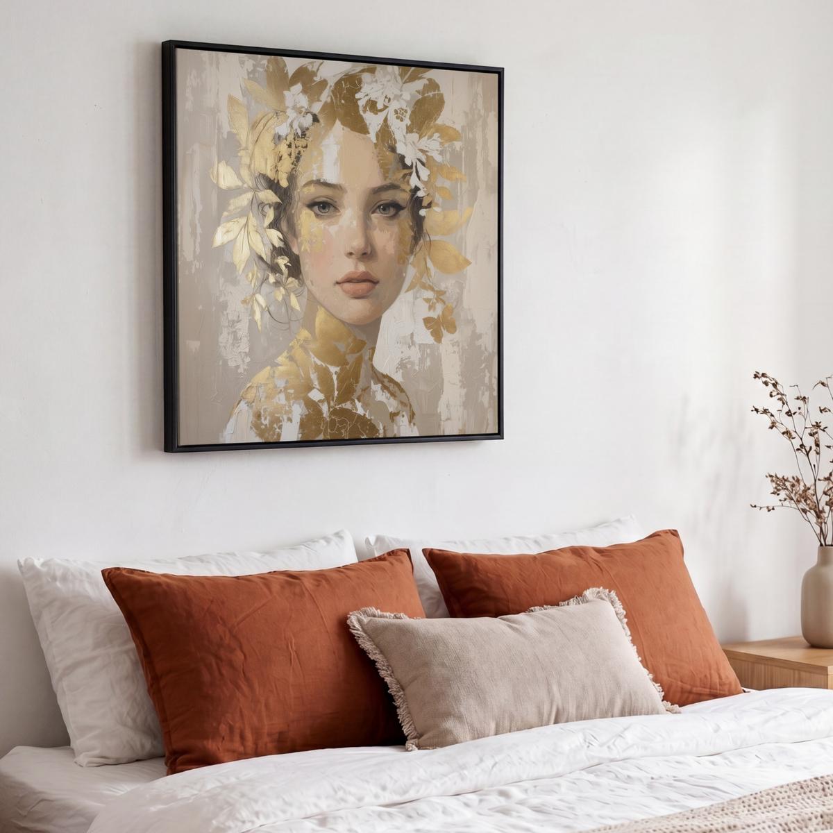 LEINWAND Bilder mit Rahmen - Gesicht - Frau - Blätter - Gold - 50x50 - Beige, Textil (50/50cm) - MuchoWow
