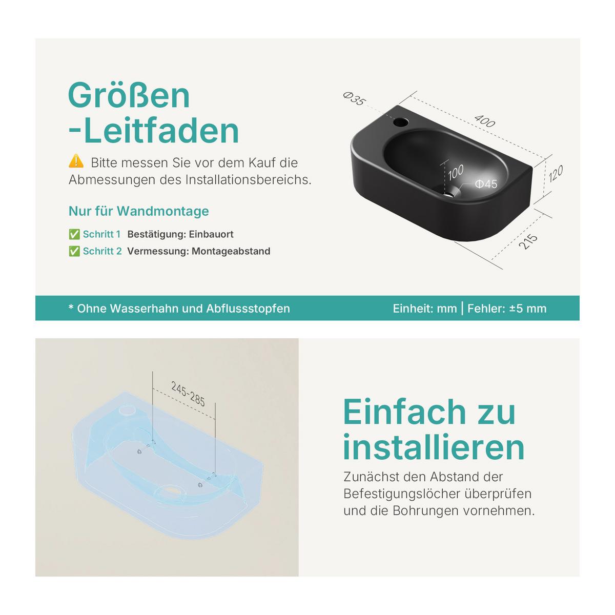 WASCHBECKEN Abgerundete Ecken Hahnloch links mattschwarz 40 / 21,5 / 12 cm - Schwarz, Keramik (40/12/21.5cm) - EMKE