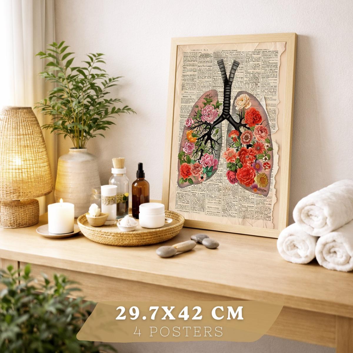 POSTER Set aus 4 Vintage Anatomie und Wandbilder mit Rippen Wirbelsäule Lungen Luftröhre Bronchien Gehirn und Schädel Größe Leichter Holzrahmen A4 - Beige, Papier (21/29.7/3cm) - Nacnic