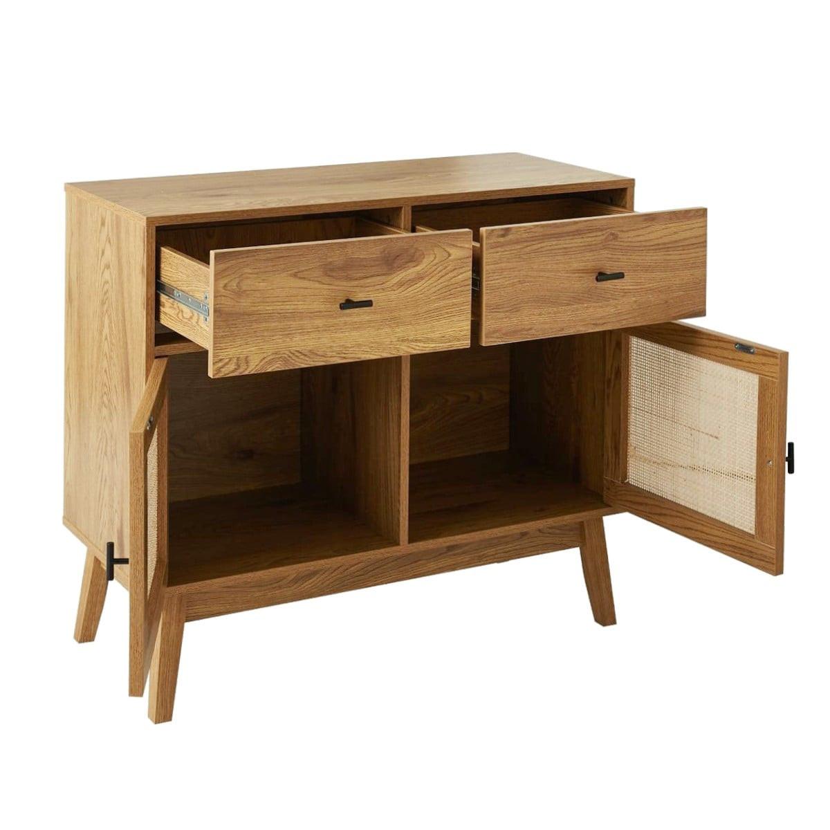KOMMODE mit 2 Türen und 2 SchubladenFronten aus Rattan 39/79/90 cm - Eschefarben, Holzwerkstoff (90/79/45cm) - Calicosy