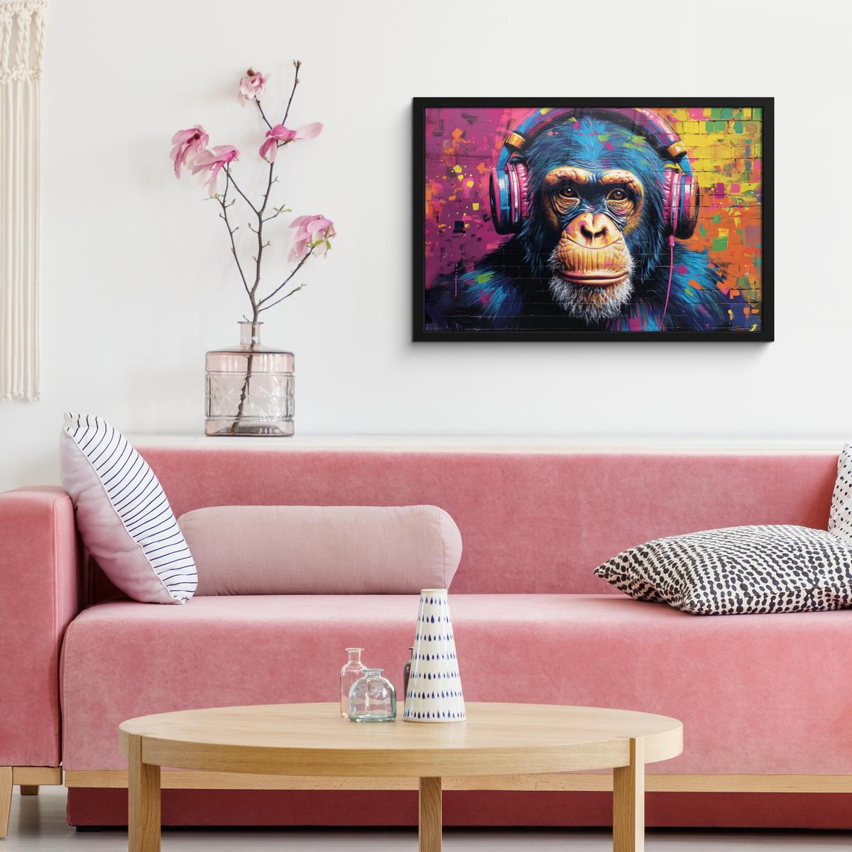 POSTER MIT RAHMENGERAHMTES BILD Graffiti - Schimpanse - Straßenkunst - Kopfhörer - Affe 60x40 cm - Blau, Papier (60/40cm) - MuchoWow