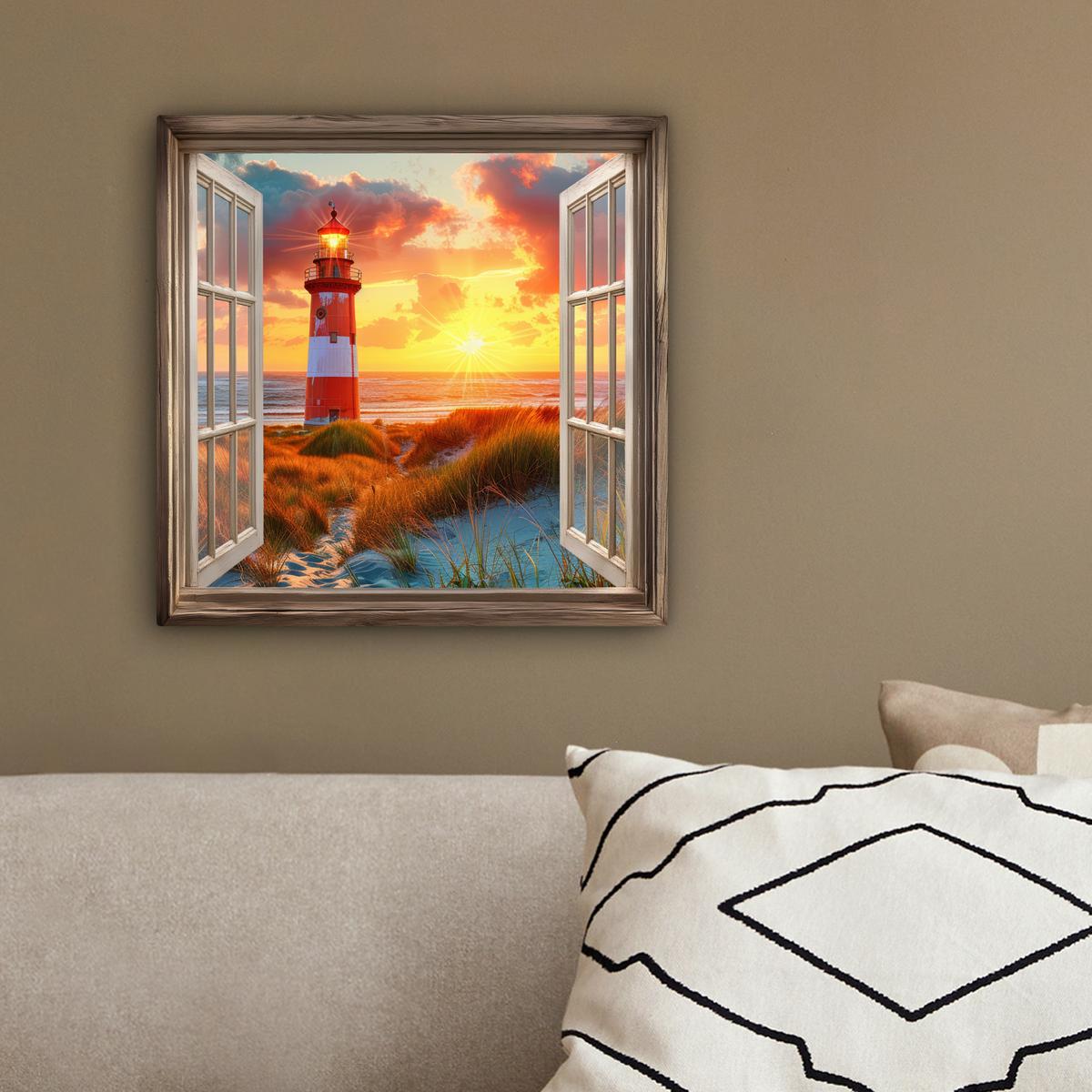 LEINWANDBILD Aussicht - Fenster - Leuchtturm - Sonnenuntergang - Strand Deko Wohnzimmer 20x20 cm - Dunkelorange, Textil (20/20cm) - MuchoWow