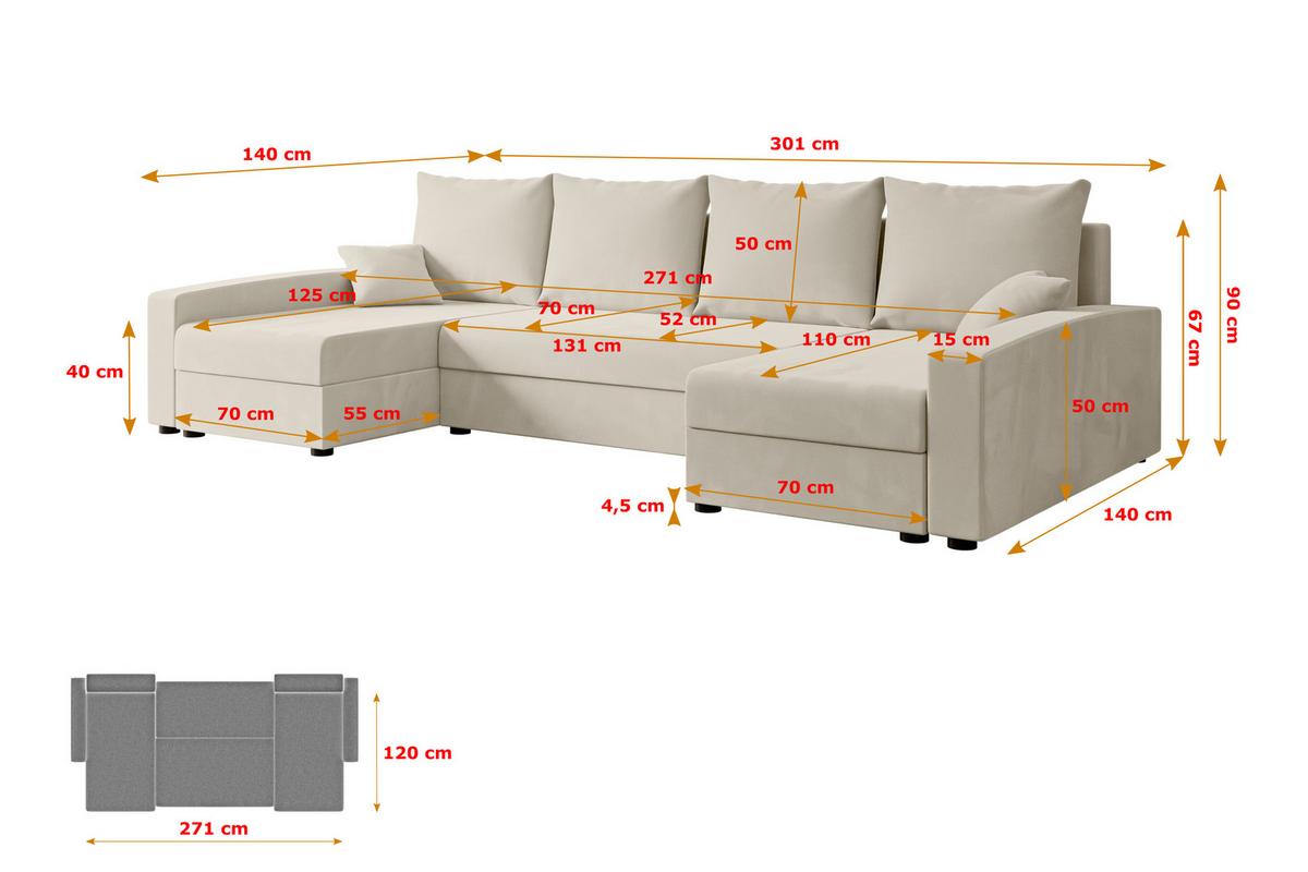 WOHNLANDSCHAFT mit Schlaffunktion und Bettkasten ALESIA-U 301x140x90 cm Beige Velours - Beige/Silberfarben, Holzwerkstoff/Kunststoff (301/90/140cm) - ALTDECOR