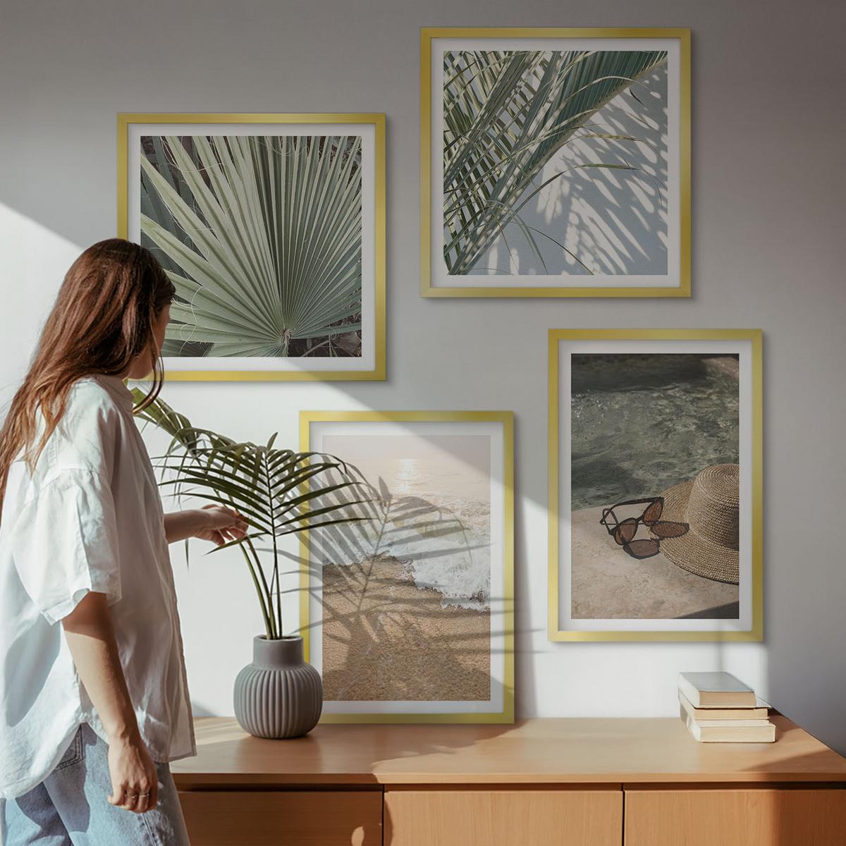 BILDER SET 4er Set - 50x50 cm & 40x60 cm Goldrahmen - Strandhut und Sonnenbrille - Goldfarben, Kunststoff (50/50cm) - TULUP