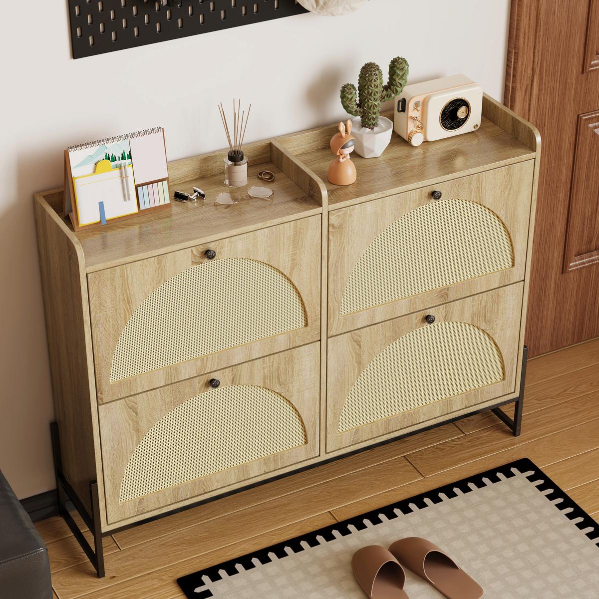 SCHUHSCHRANK mit 4 Klapptüren, Holz, Beige - Naturfarben, Textil (118/91.5/25cm) - Urban Meuble