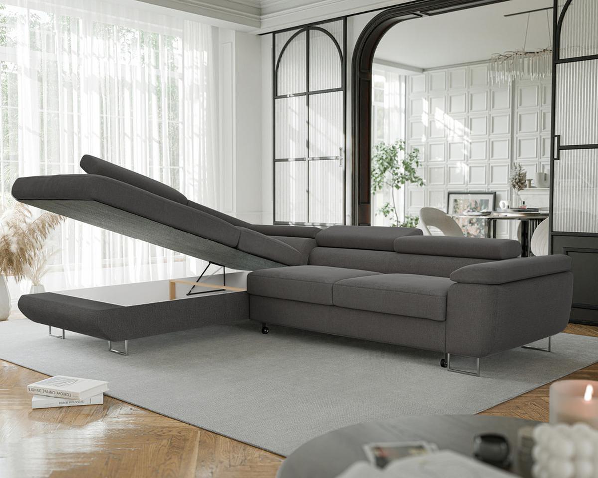 ECKSOFA ANTON links, mit Schlaffunktion und Bettkasten Anthrazit - Chromfarben/Anthrazit, Textil/Metall (274/203cm) - Idohome