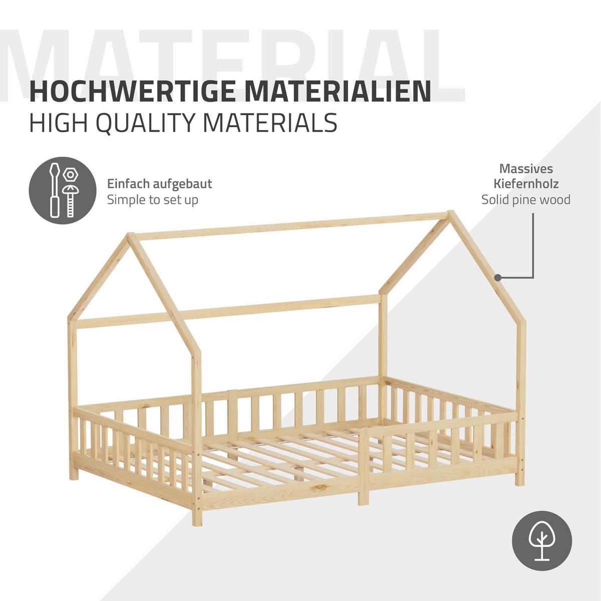 KINDERBETT 140x200 cm mit Rausfallschutz Natur aus Kiefernholz massiv - Naturfarben, Holz (140/200cm) - ML-DESIGN