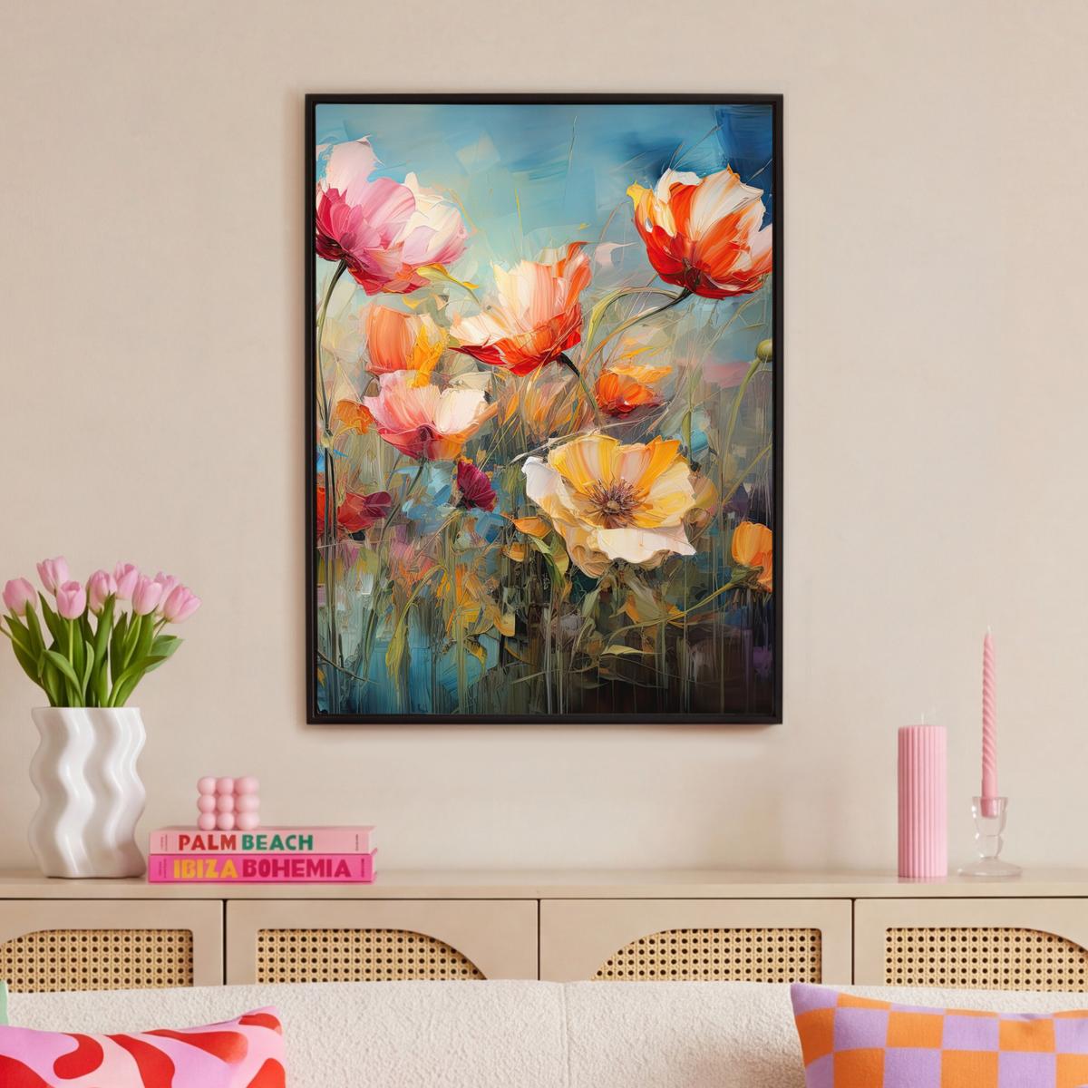 LEINWAND Bilder mit Rahmen - Blumen - Aquarell - Kunst - Botanisch - Natur - 70x100 - Orange, Textil (70/100cm) - MuchoWow