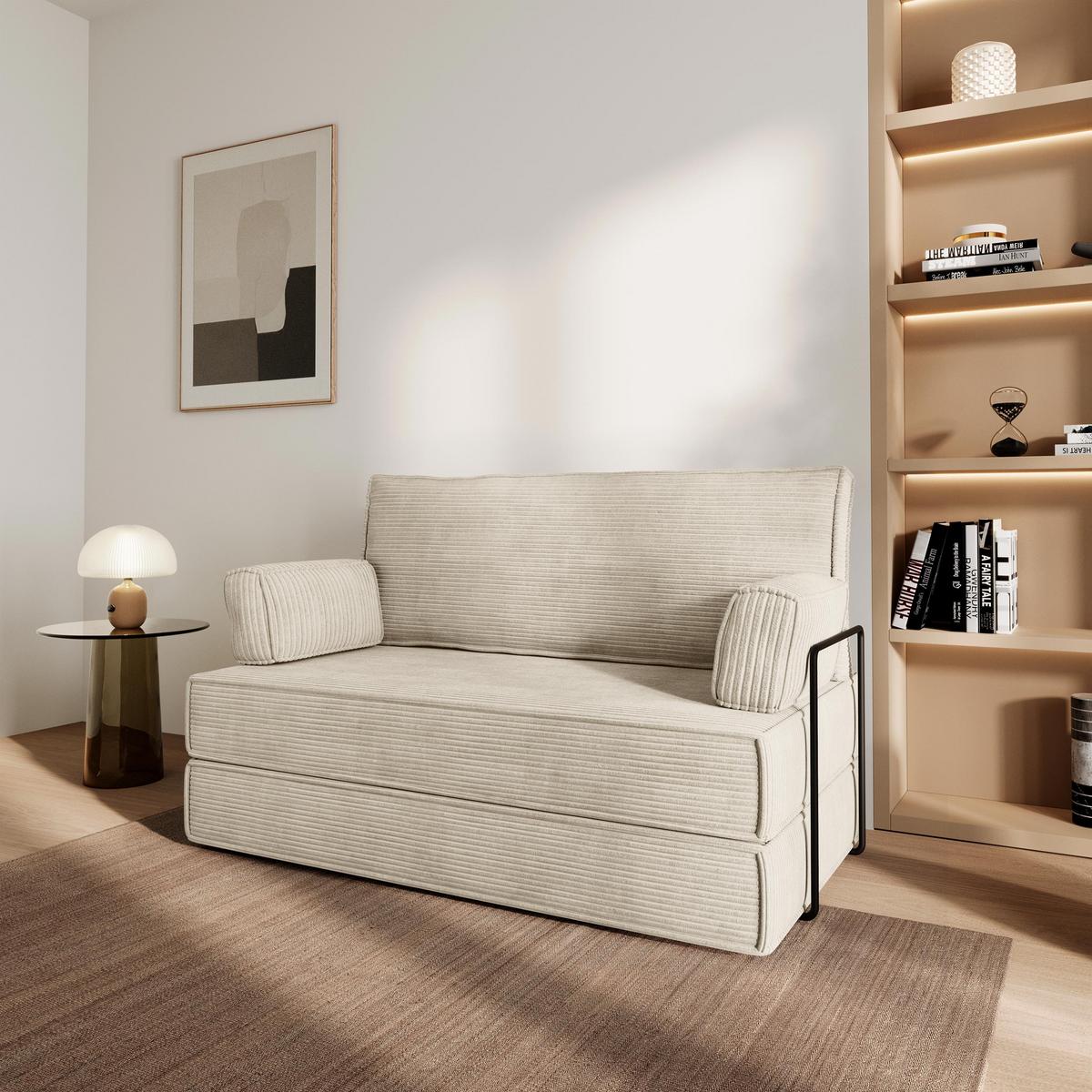 BETTSOFA LADIA aus Schaumstoff Kordstoff Creme Schlaffunktion - Creme, Textil (140/86/60cm) - MASSENO