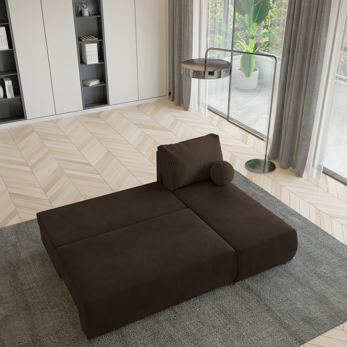 ECKSOFA PARVELO Braun Plüsch-Stoff mit Schlaffunktion - Braun, Holz (200/143cm) - MASSENO