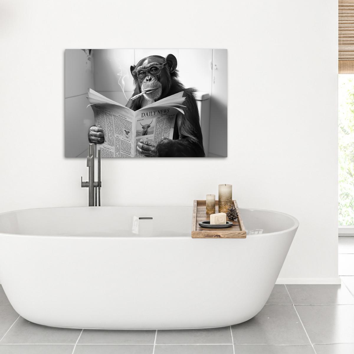 LEINWANDBILD Affe - WC - Zeitung - Schwarz-Weiß - Humor Wanddeko 90x60 cm - Hellgrau, Textil (90/60cm) - MuchoWow