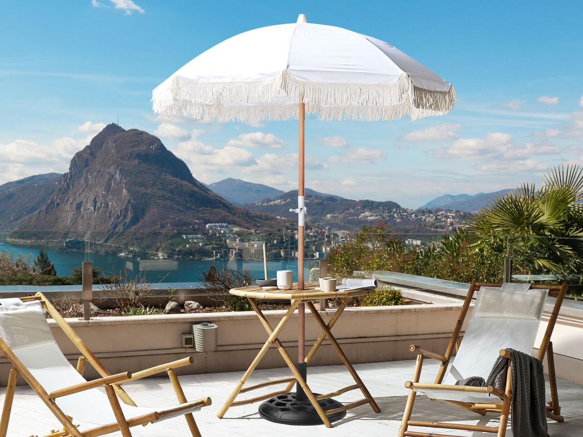 SONNENSCHIRM weiß mit Volant 150 cm Mondello - Hellbraun/Weiß, Textil (150/150cm) - Beliani