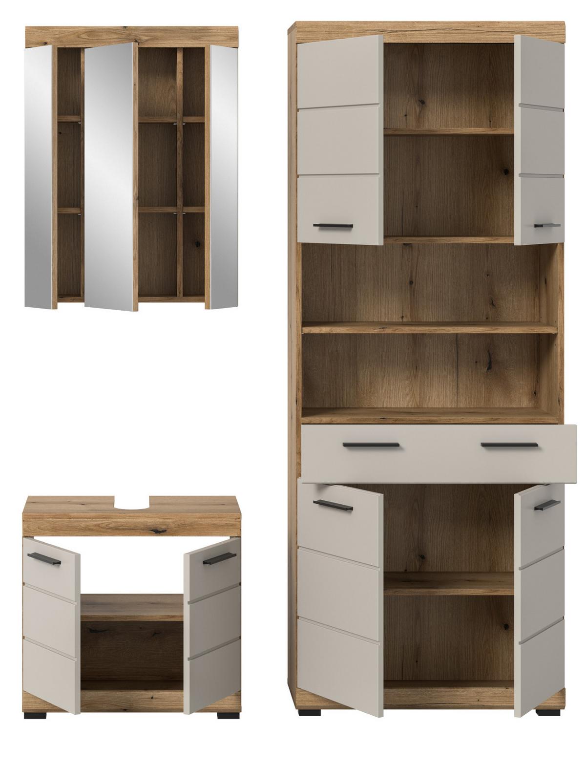 BADMÖBEL-SET Sand Kaschmir, Evoke Eiche, Badkombination 3-teilig 149 cm, viel Stauraum - Kaschmir/Eichefarben, Glas/Holzwerkstoff (149/191/34cm) - Inn.Furn