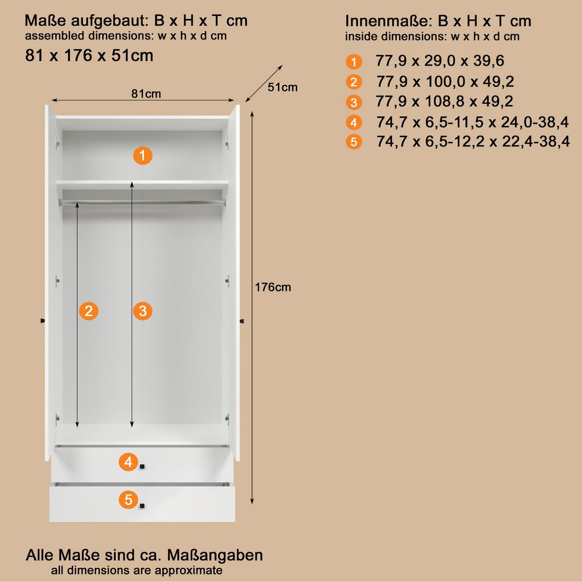 KLEIDERSCHRANK weiß 81 x 176 cm, Drehtürenschrank 2-türig mit Schubalden - Schwarz/Weiß, Holzwerkstoff/Kunststoff (81/176/51cm) - Top.Furn