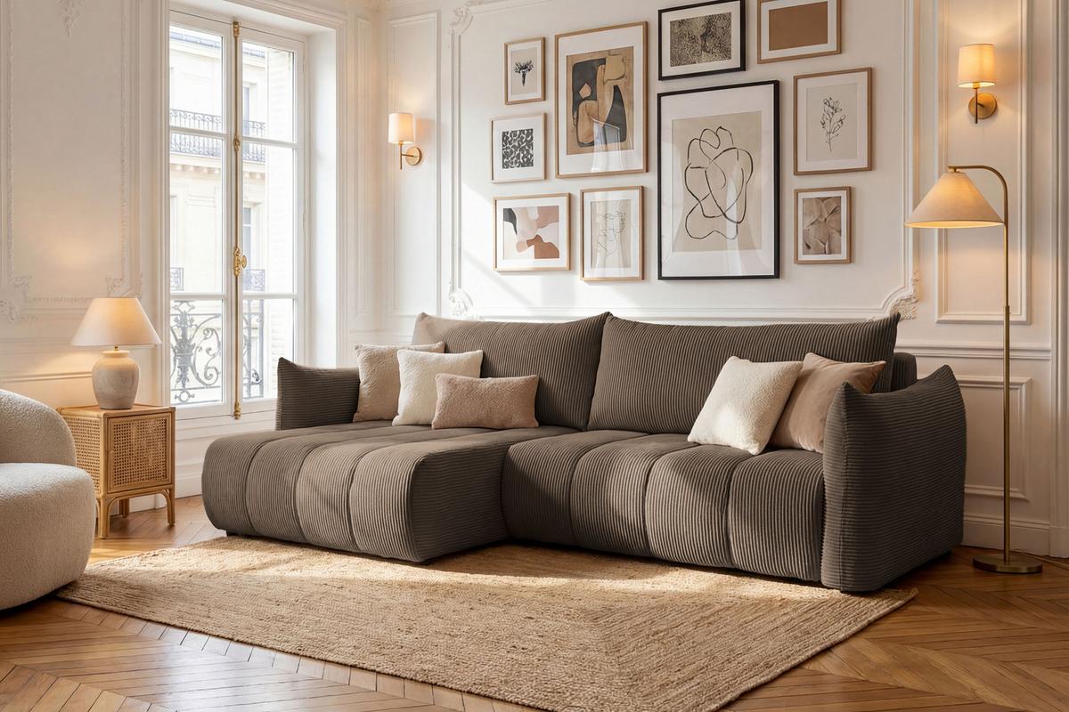 ECKSOFA Liv mit Schlaffunktion & Bettkasten in Cordstoff Braun, Universell 260/154/86 cm - Schwarz/Braun, Kunststoff/Textil (260/154cm) - WFL GROUP