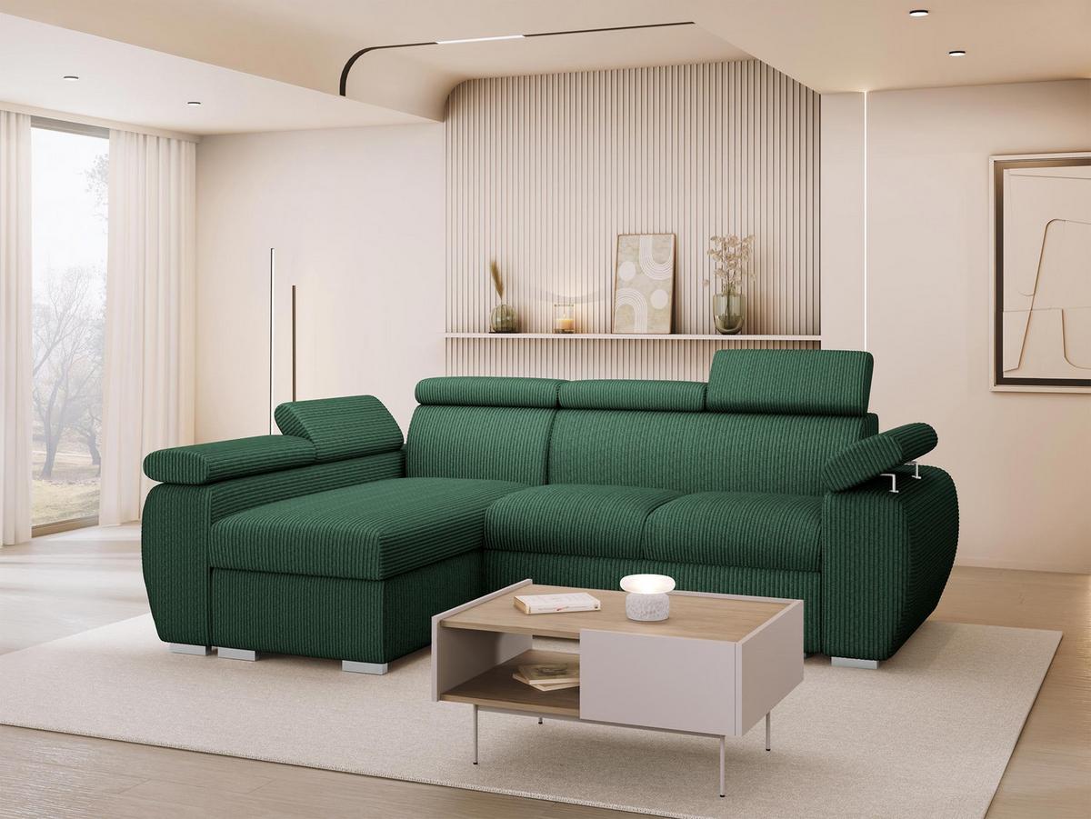 ECKSOFA Boston Mini Premium Cord 2RLC, Seite: Links LC+2R - Chromfarben/Grün, Holz/Textil (255/170cm) - MIRJAN24