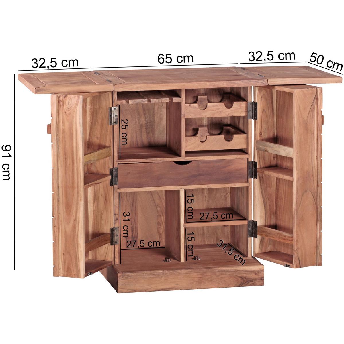 BARSCHRANK aus Massivholz mit Türen und integrierter Weinaufbewahrung SAAR, Beige 65x50x91 cm - Beige, Akazienholz/Holz (65/91/50cm) - KADIMA DESIGN