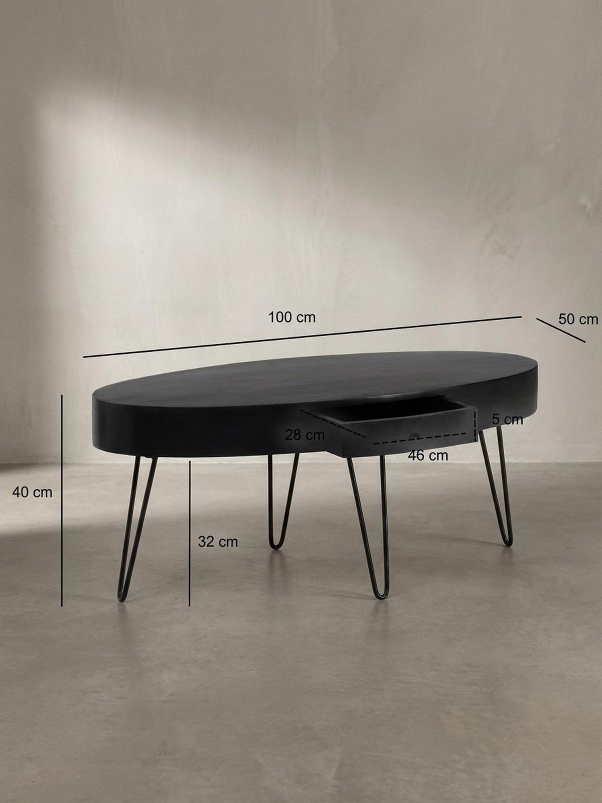 COUCHTISCH in Mango-Massivholz und Metall, 100x50x40 cm, Oval, mit Schublade, Stauraum und Haarnadelbeinen - Schwarz, Holz/Metall (50/100/40cm) - KADIMA DESIGN