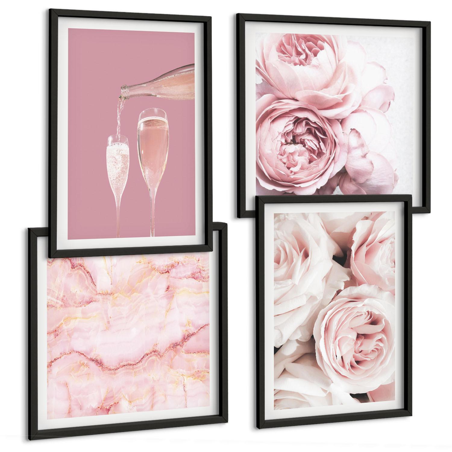 BILDER SET 4er Set - 50x50 cm & 40x60 cm Schwarzer Rahmen - Rosen, Champagner, Marmor, Pastell - Schwarz, Kunststoff (50/50cm) - TULUP
