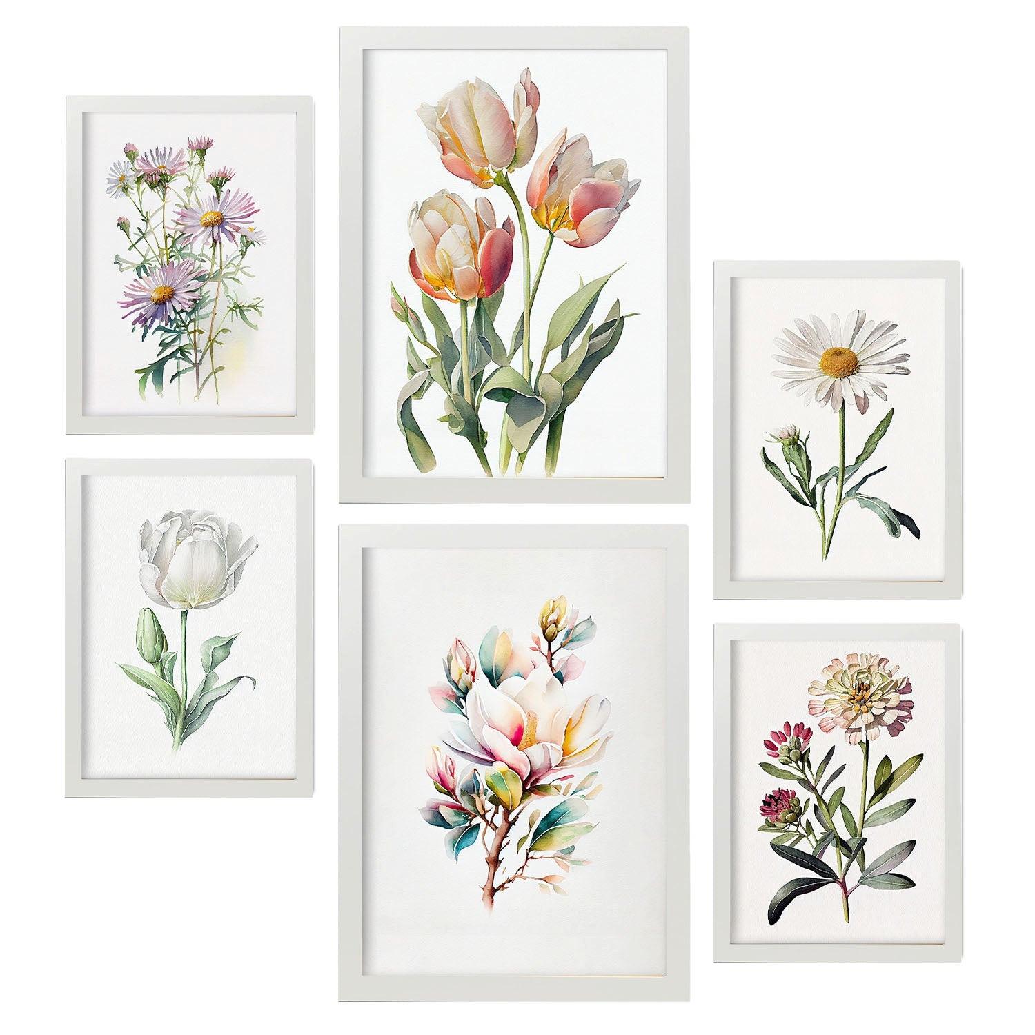 POSTER Set Mit 6 Pastellblumen Vollfarbige Natur Und Botanikdrucke Mit Blumenmotiven Auf Reinweißen Hintergründen A3 & A4 Weißer Rahmen - Weiß, Papier (29/3cm) - Nacnic