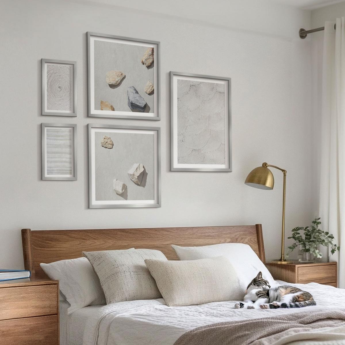 BILDER SET 5er Set - 50x50 cm & 20x30 cm & 40x60 cm Silberner Rahmen - Geometrische Pappsteine - Silberfarben, Kunststoff (40/60cm) - TULUP