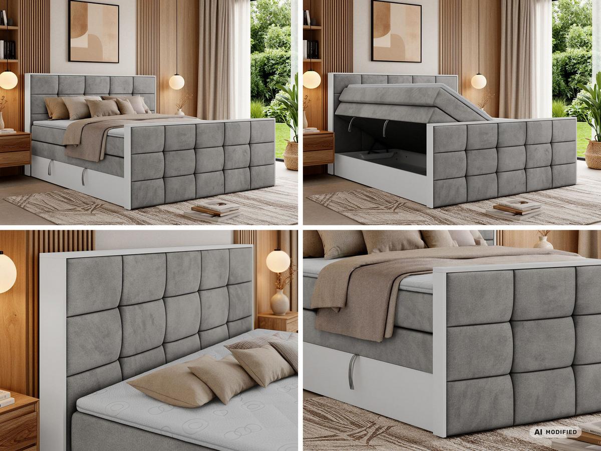 BOXSPRINGBETT ALVIT KING DUO 180/200 - Hellgrau Velvet - Topper Visco - H3 - Hellgrau/Schwarz, Kunststoff/Textil (180/200cm) - MKS