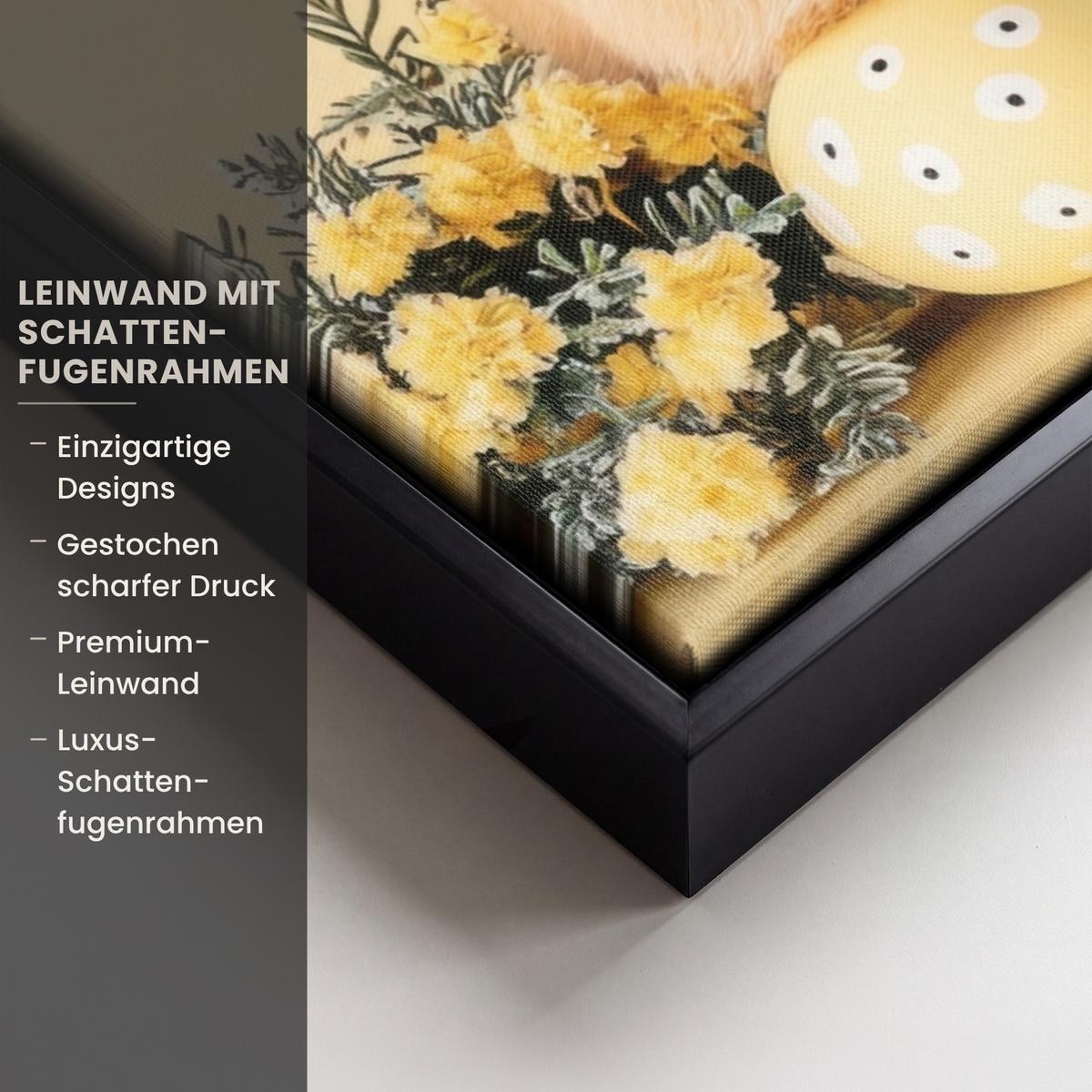 LEINWAND Bilder mit Rahmen - Eier - Kaninchen - Pastellfarbtöne - 70x50 - Hellgelb, Textil (70/50cm) - MuchoWow