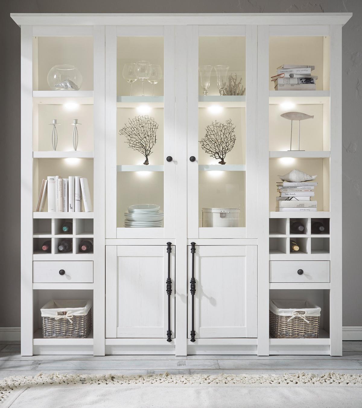 BUFFETSCHRANK weiß Pinie Landhaus, Vitrinenschrank mit Weinregal 194 x 207 cm - Anthrazit/Weiß, Holzwerkstoff/Metall (194/207/45cm) - Furn.Design