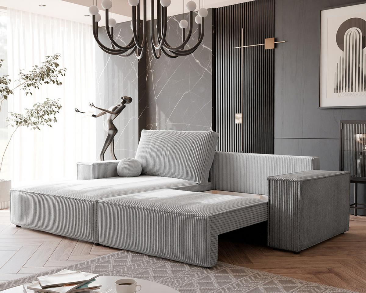 ECKSOFA HUGO Rechts, mit Schlaffunktion und Bettkasten, Hellgrau - Hellgrau, Textil (255/148cm) - Idohome