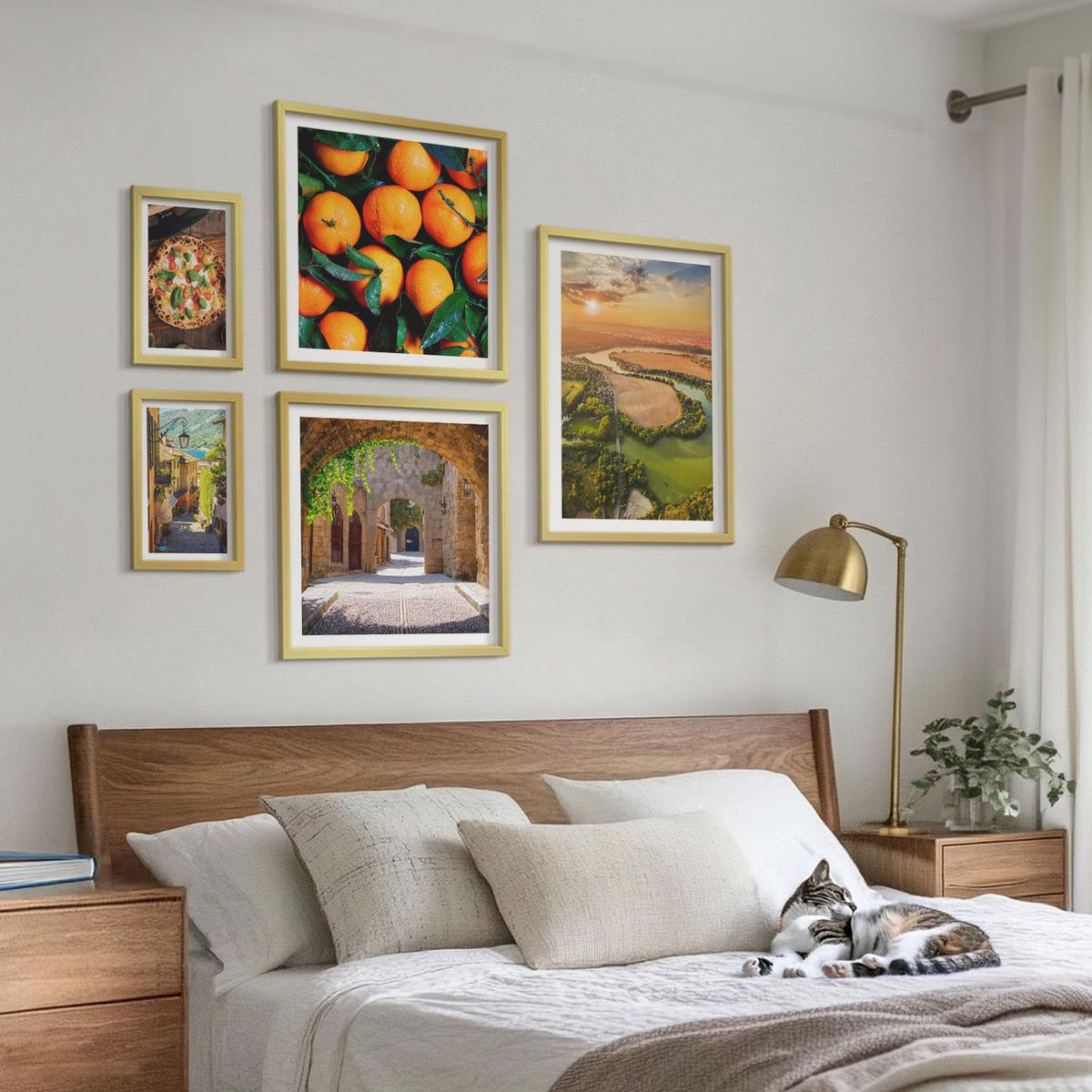 BILDER SET 5er Set - 50x50 cm & 20x30 cm & 40x60 cm Goldrahmen - Charmante Straßen mit Steinen - Goldfarben, Kunststoff (40/60cm) - TULUP