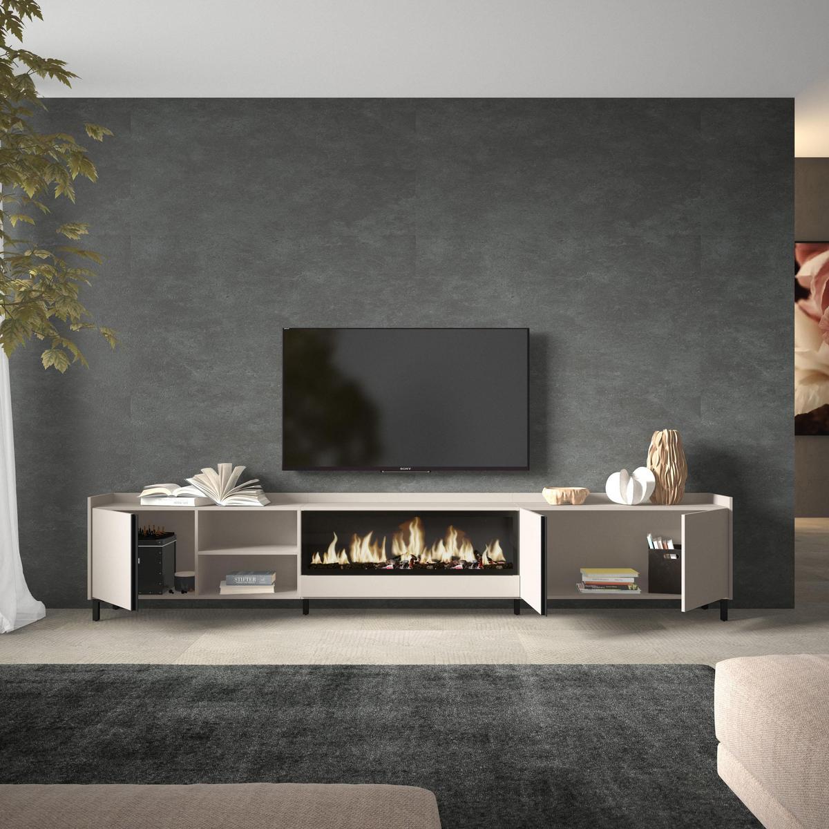 LOWBOARD, Beige, 315/35/61cm, Kamin mit Feuereffekt XXL - Beige, Holzwerkstoff (315/61/35cm) - Skraut Home