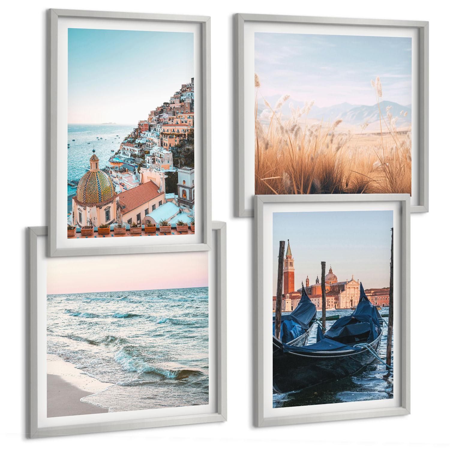 BILDER SET 4er Set - 50x50 cm & 40x60 cm Silberner Rahmen - Meerblick von Venedig - Silberfarben, Kunststoff (50/50cm) - TULUP