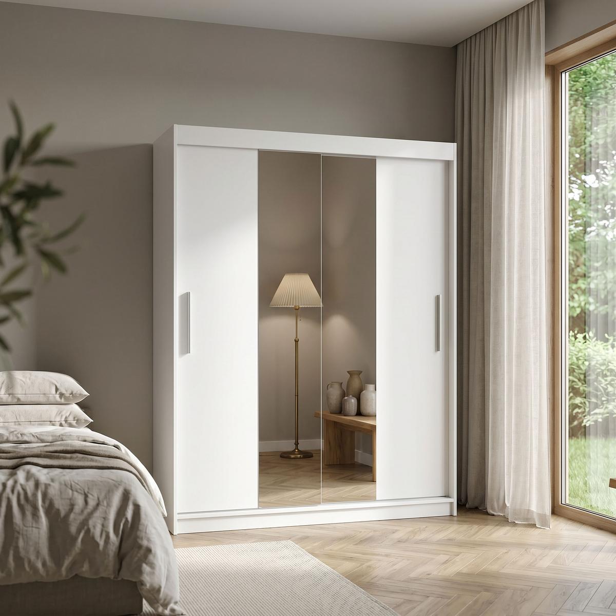 SCHWEBETÜRENSCHRANK VIVA 200/215,5/59cm 2-türig mit Spiegel Weiß - Weiß, Holzwerkstoff (200/215.5/59cm) - MASSENO