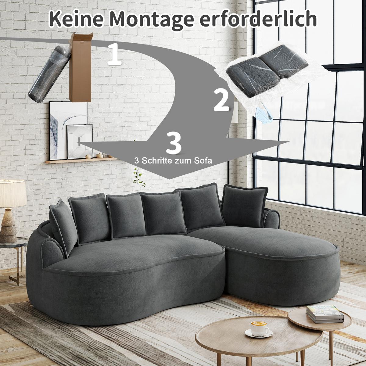ECKSOFA chenille mit extra tiefer chaiselongue & rahmenlosem design - Grau, Textil (252/164cm) - Urban Meuble