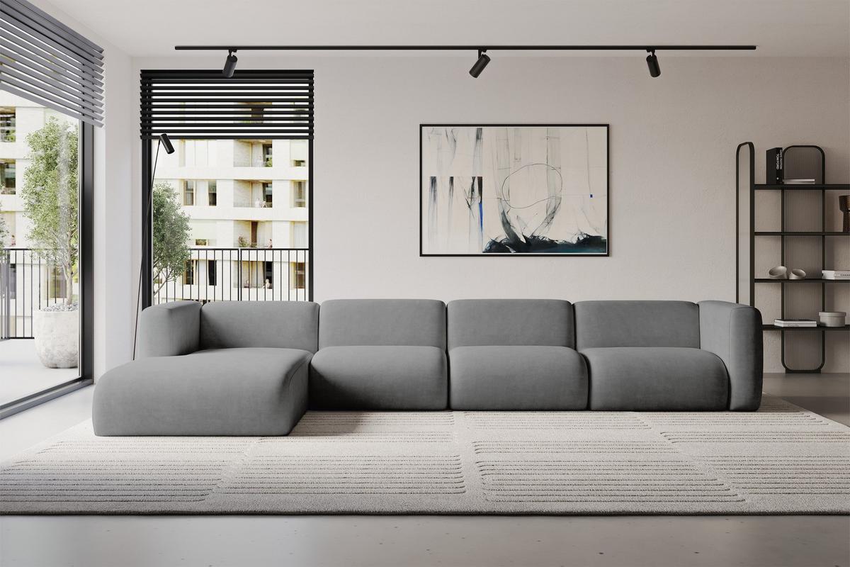 ECKSOFA Ottomane Links MIRA-L3 409x179x70 Grau Velours - Schieferfarben/Schwarz, Holzwerkstoff/Kunststoff (409/179cm) - ALTDECOR