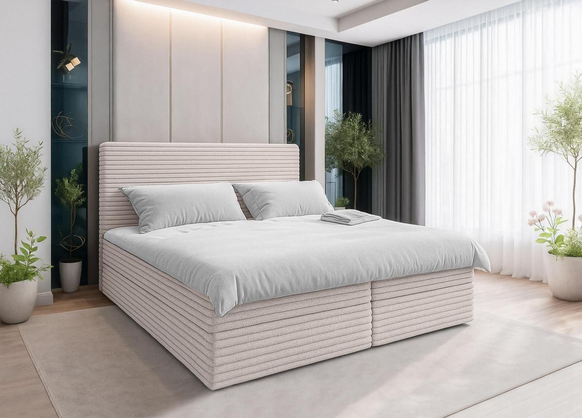 BOXBETT SEVDAYLA 140x200 cm mit Bettkasten und Matratze - Beige + TOPPER - Beige/Schwarz, Holz/Holzwerkstoff (140/200cm) - AX Living