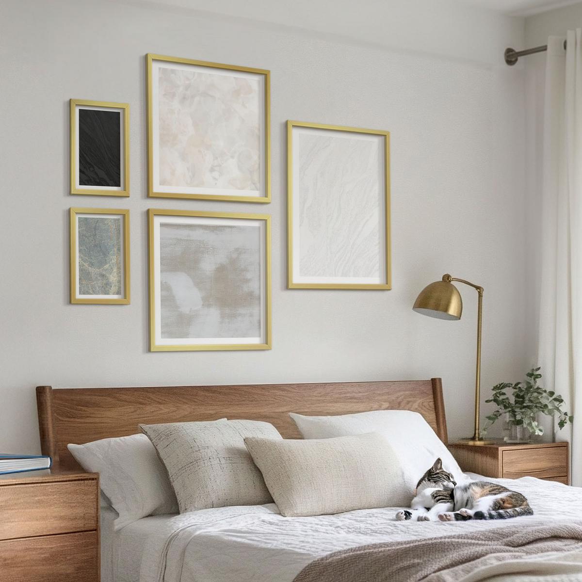 BILDER SET 5er Set - 50x50 cm & 20x30 cm & 40x60 cm Goldrahmen - Steintexturen - Goldfarben, Kunststoff (40/60cm) - TULUP