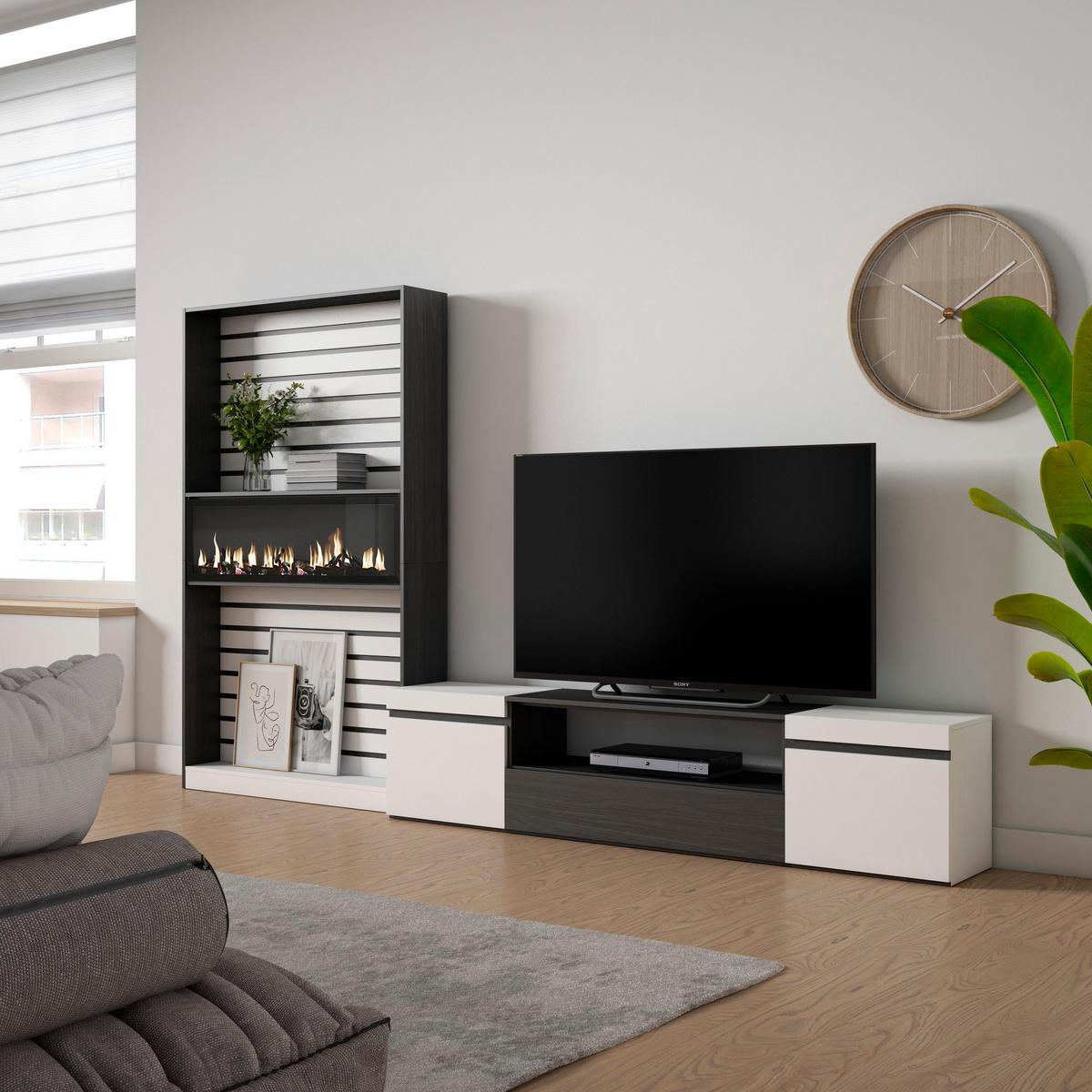WOHNWAND Wohnzimmer, weiß und schwarz, Elektrokamin,, 310/35/186cm - Schwarz/Weiß, Holzwerkstoff (310/186/35cm) - Skraut Home