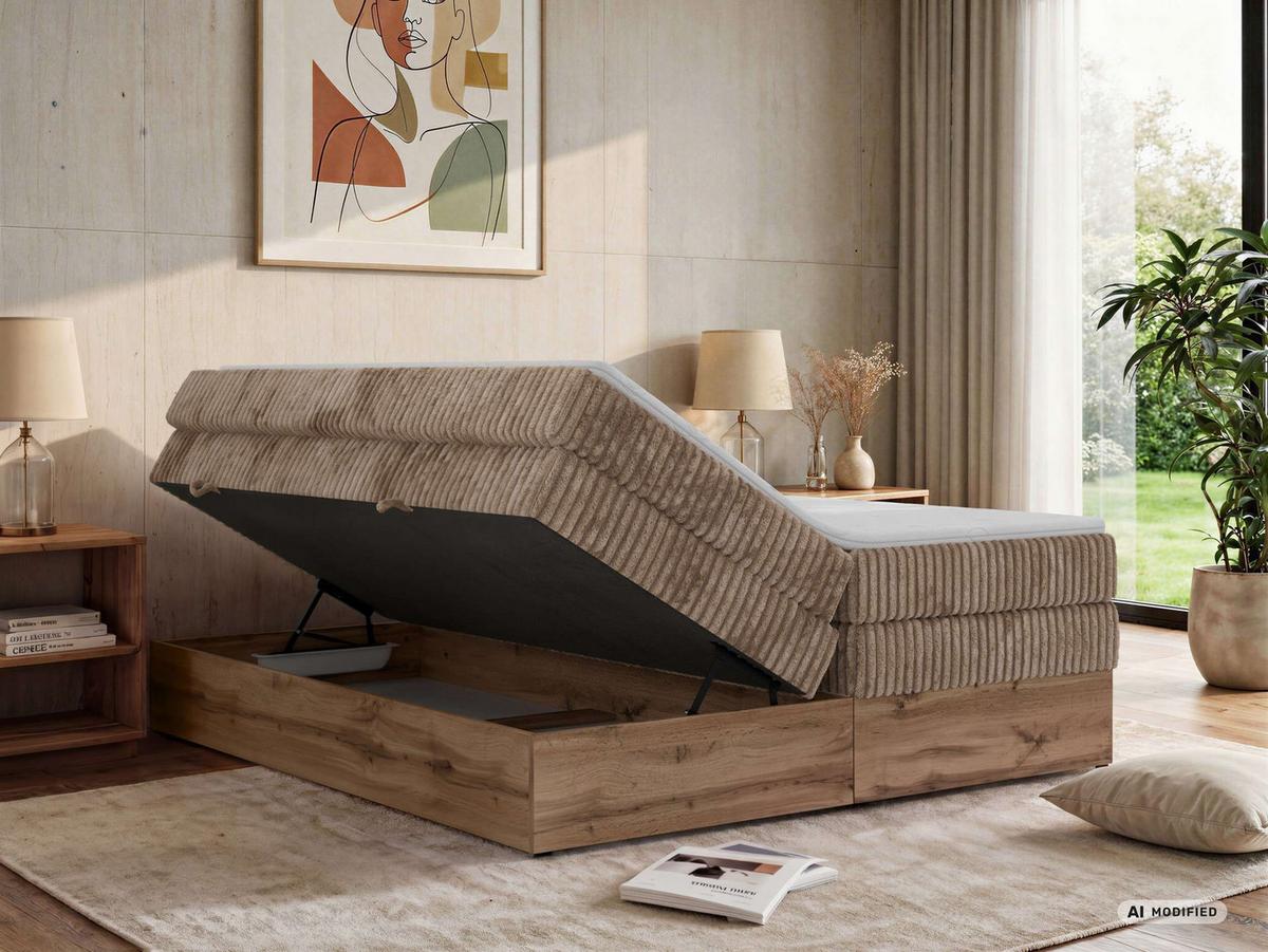 BOXSPRINGBETT WOOD ZERO KING 180/200 - Braun Cord - Topper T25 - H3 - Schwarz/Braun, Kunststoff/Textil (180/200cm) - MKS