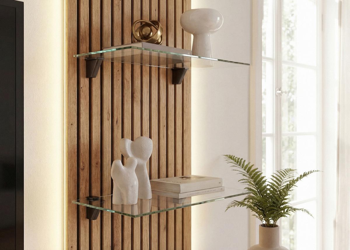WOHNWAND Grau Lehm, Evoke Eiche 220 cm hängend, Schrankwand mit LED und Push-to-Open - Eichefarben/Hellgrau, Glas/Holzwerkstoff (220/150/40cm) - Inn.Furn