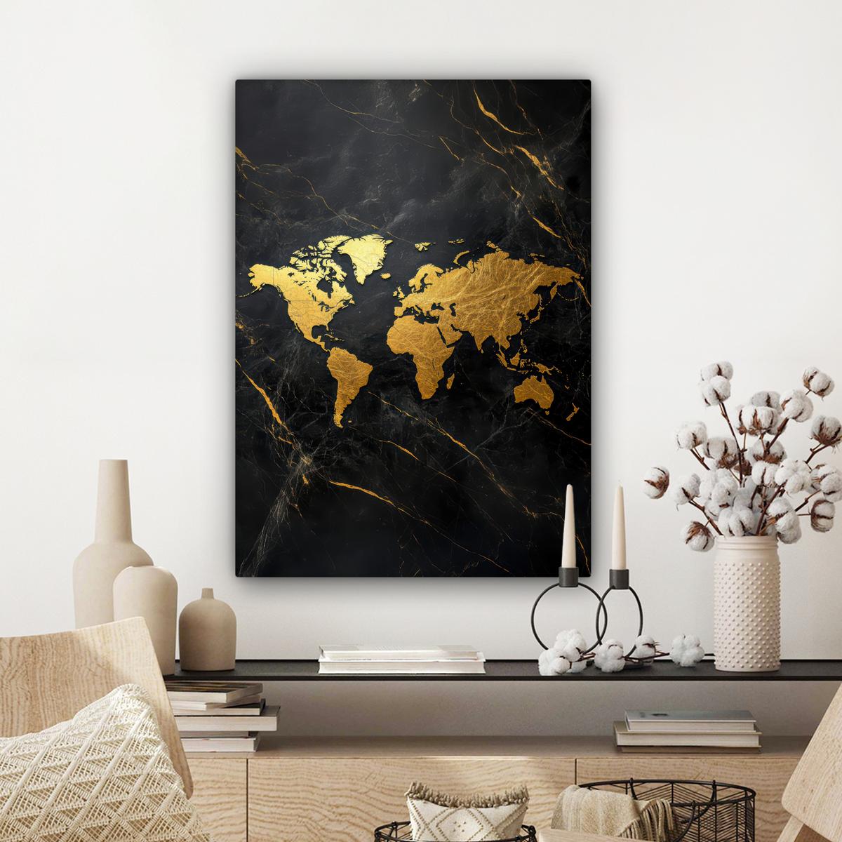LEINWANDBILD Weltkarte - Gold - Marmor Wandbild Wohnzimmer 60x80 cm - Goldfarben, Textil (60/80cm) - MuchoWow