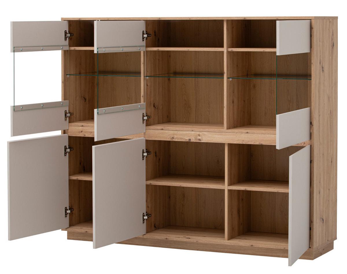 HIGHBOARD Kaschmir, Artisan Eiche 164 x 138 cm, Vitrine 6-türig mit Soft-Close - Kaschmir/Eiche Artisan, Glas/Holzwerkstoff (164/138/40cm) - Furn.Design