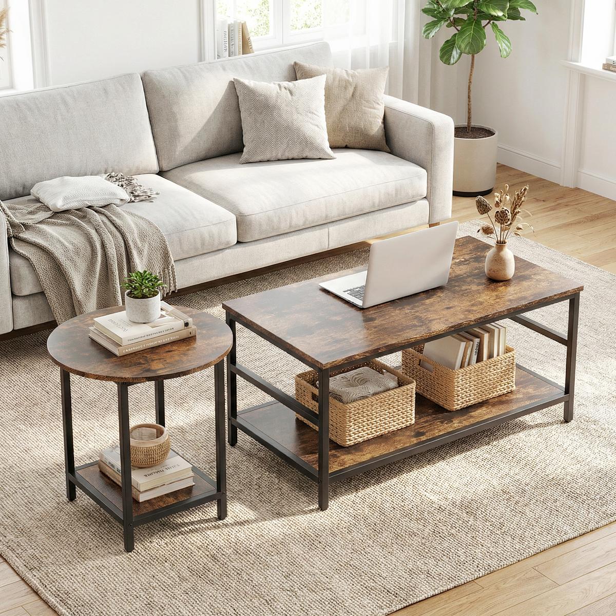 COUCHTISCH 2er Set Stahl Holzwerkstoff Rustikal-Braun - Schwarz/Braun, Holzwerkstoff (80/54/41cm) - HOMCOM