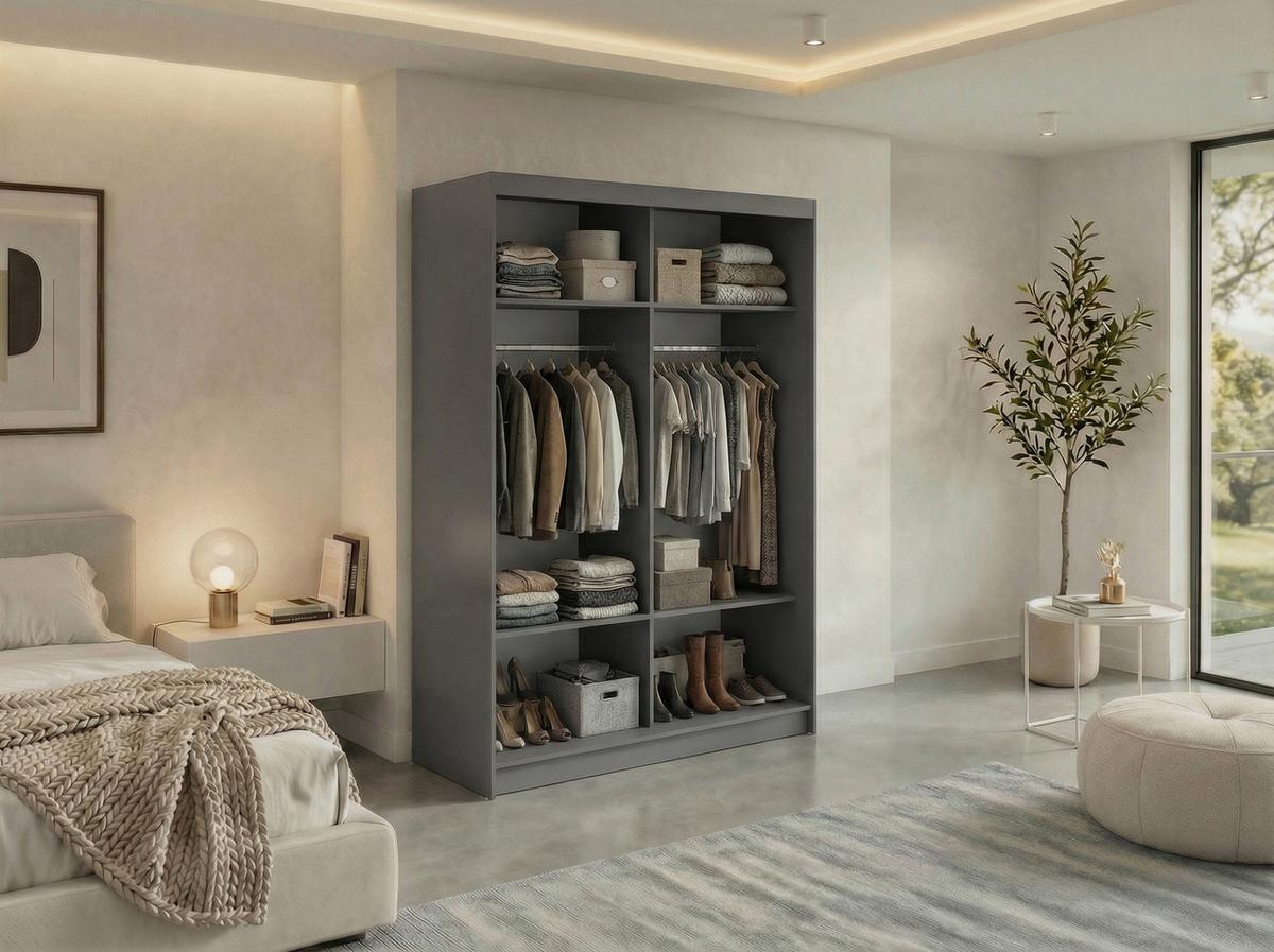 SCHWEBETÜRENSCHRANK mit Spiegel LAOS - 150 - Grau - Weiß Lamellen - Alufarben/Weiß, Holzwerkstoff/Metall (150/216/61cm) - MKS