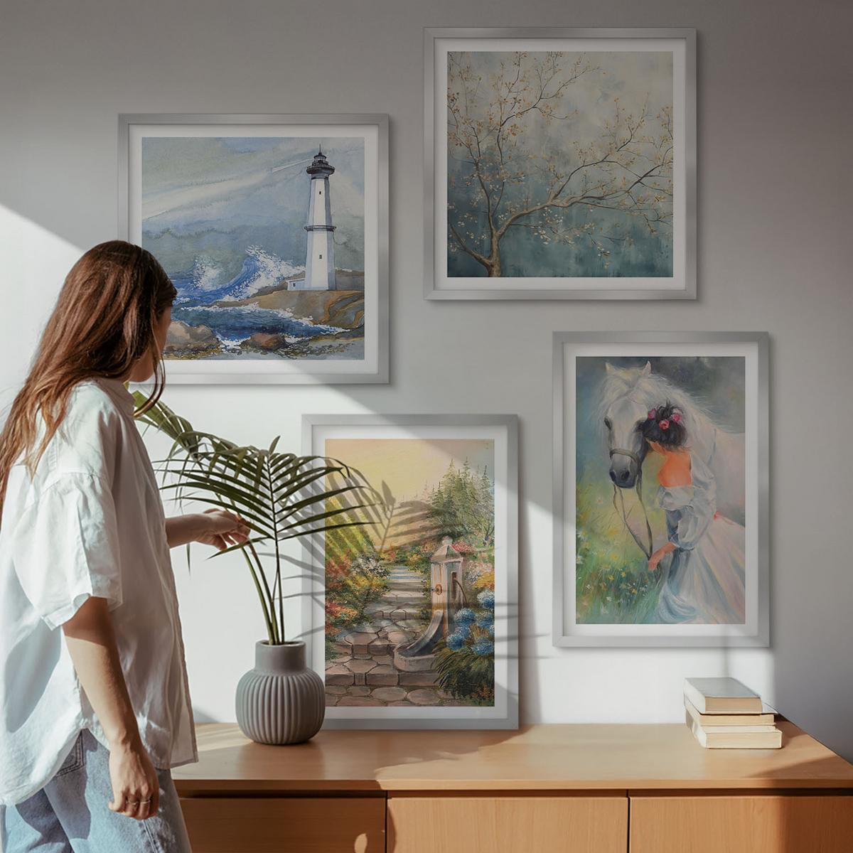 BILDER SET 4er Set - 50x50 cm & 40x60 cm Silberner Rahmen - Leuchtturm, Landschaft, Mädchen, Pferd - Silberfarben, Kunststoff (50/50cm) - TULUP